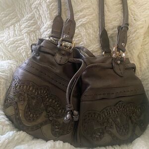 Brighton Lolita Masterpiece Leather 3D Cutout Metallic Pewter Brown  Bag